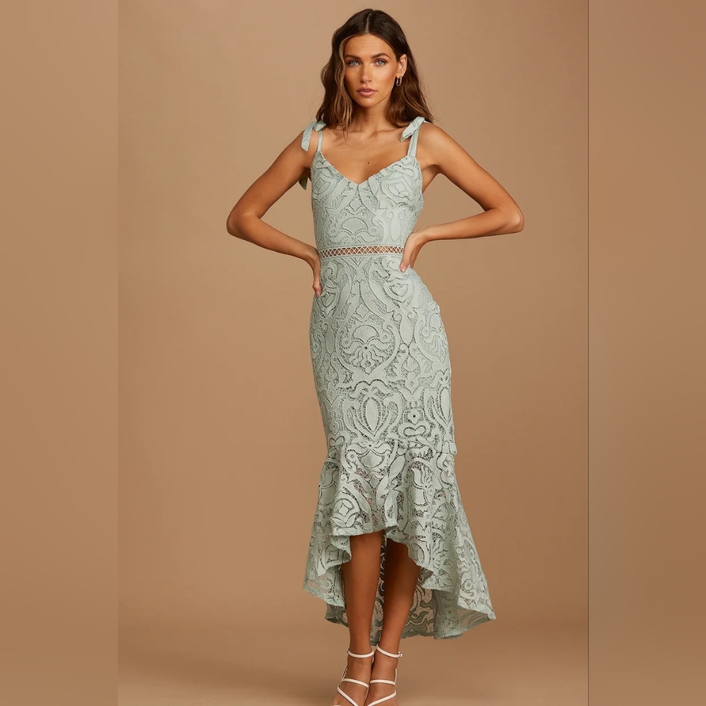 Lulu's Sage Green Lace Midi Dress